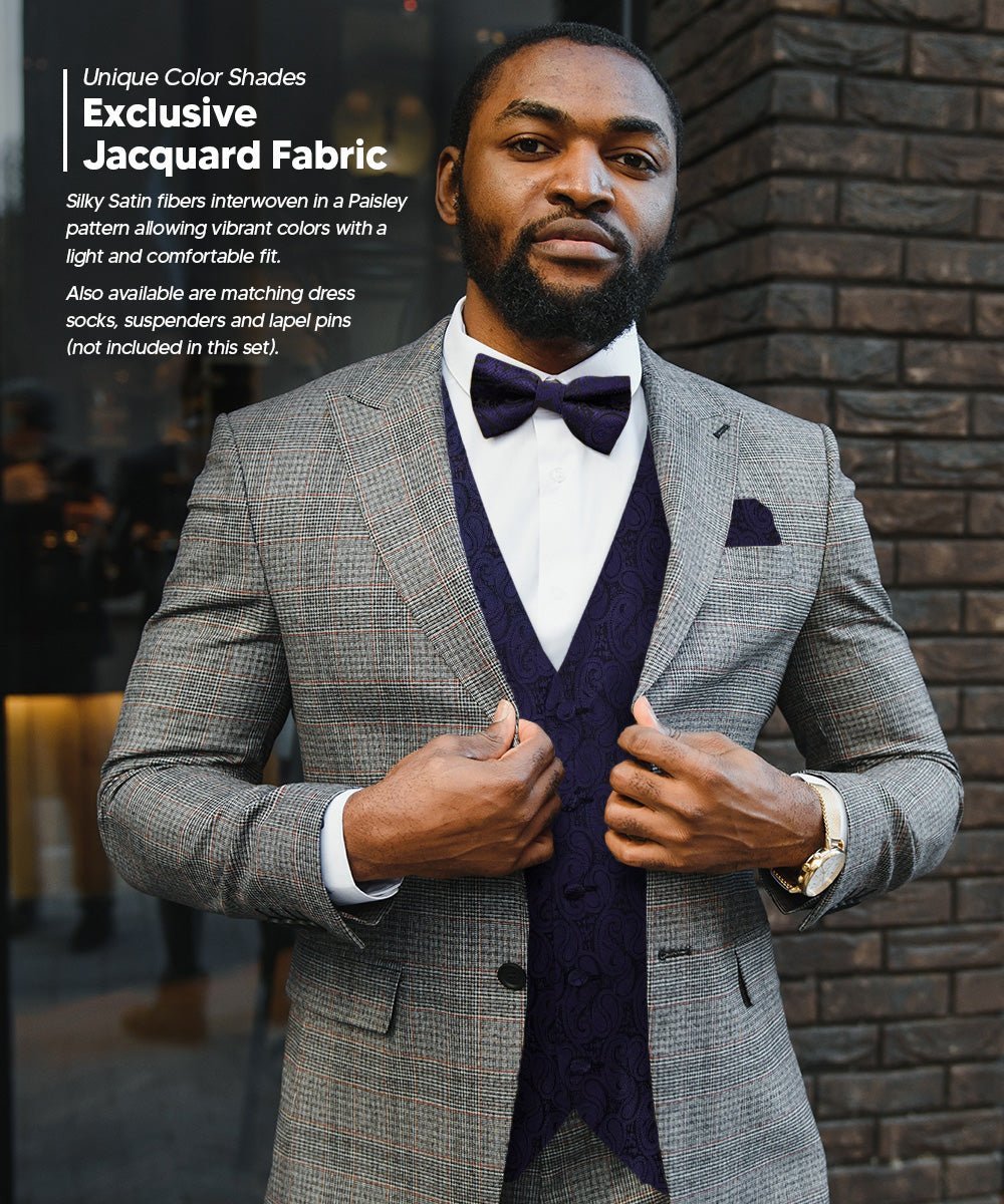 Vittorio Farina Men's Woven Paisley Vest, Necktie, Bow Tie and Pocket Square Set (Black Back) - Navy Blue - Vest Set - Vittorio Farina