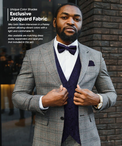 Vittorio Farina Men's Woven Paisley Vest, Necktie, Bow Tie and Pocket Square Set (Black Back) - Navy Blue - Vest Set - Vittorio Farina