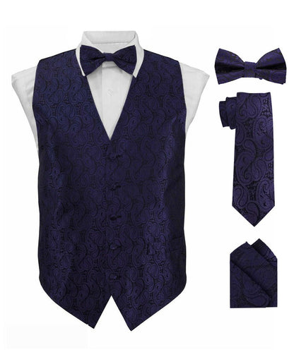 Vittorio Farina Men's Woven Paisley Vest, Necktie, Bow Tie and Pocket Square Set (Black Back) - Navy Blue - Vest Set - Vittorio Farina