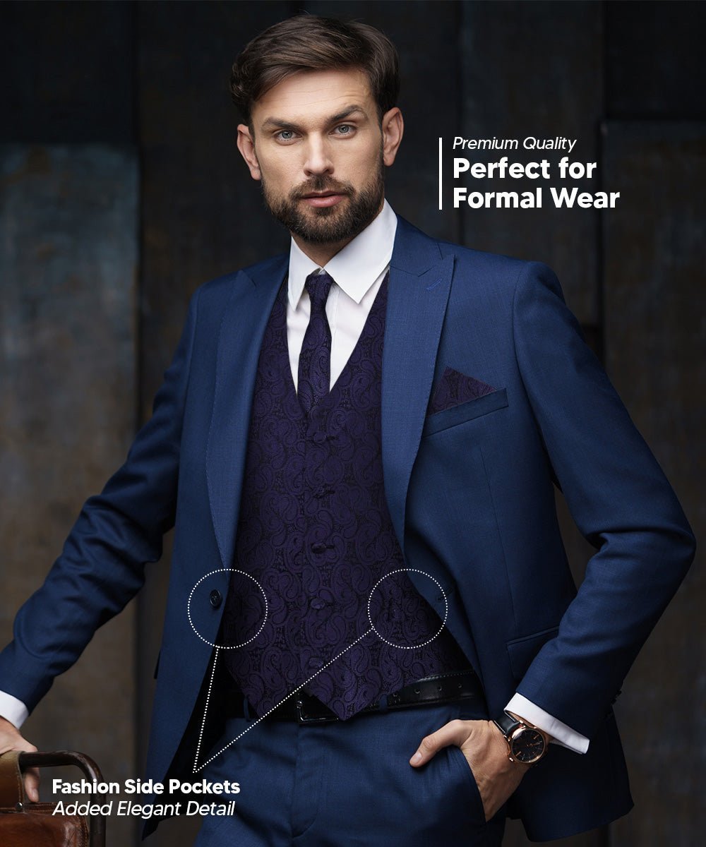 Vittorio Farina Men's Woven Paisley Vest, Necktie, Bow Tie and Pocket Square Set (Black Back) - Navy Blue - Vest Set - Vittorio Farina