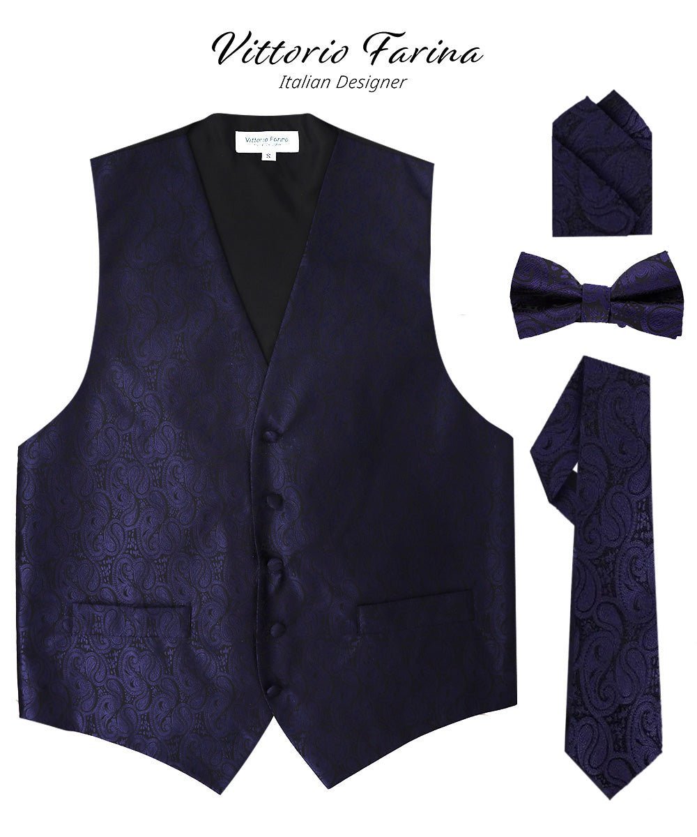 Vittorio Farina Men's Woven Paisley Vest, Necktie, Bow Tie and Pocket Square Set (Black Back) - Navy Blue - Vest Set - Vittorio Farina