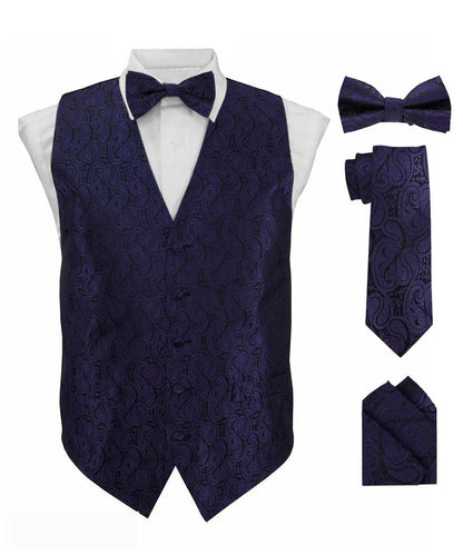 Vittorio Farina Men's Woven Paisley Vest, Necktie, Bow Tie and Pocket Square Set (Black Back) - Navy Blue - Vest Set - Vittorio Farina