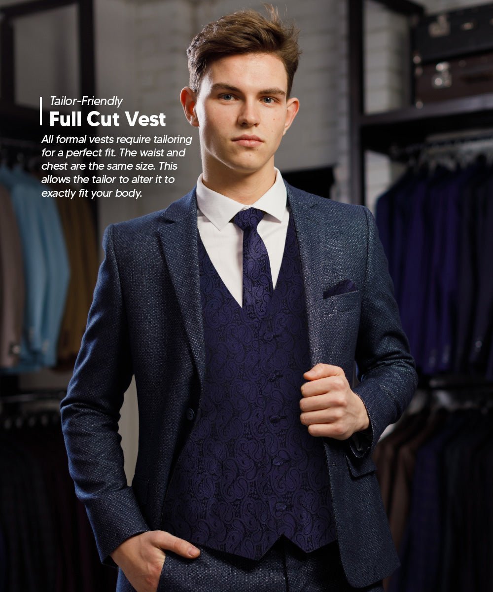 Vittorio Farina Men's Woven Paisley Vest, Necktie, Bow Tie and Pocket Square Set (Black Back) - Navy Blue - Vest Set - Vittorio Farina