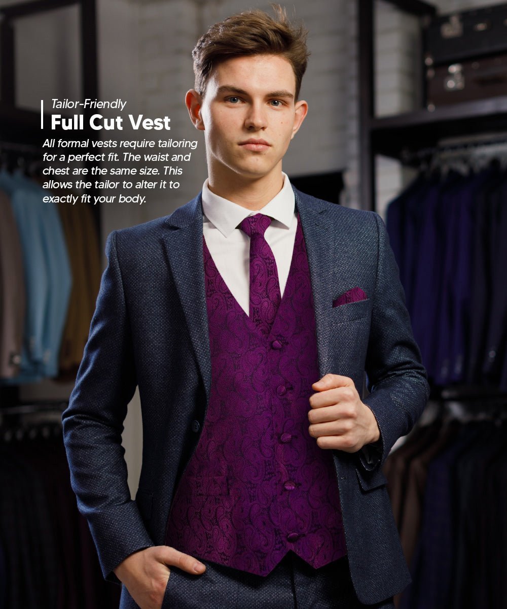 Vittorio Farina Men's Woven Paisley Vest, Necktie, Bow Tie and Pocket Square Set (Black Back) - Plum - Vest Set - Vittorio Farina