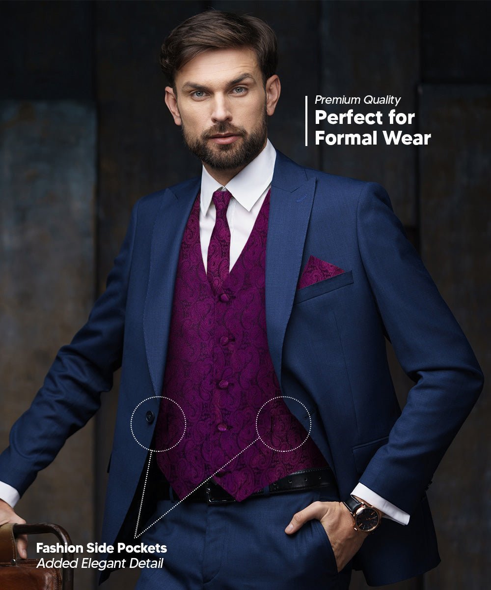 Vittorio Farina Men's Woven Paisley Vest, Necktie, Bow Tie and Pocket Square Set (Black Back) - Plum - Vest Set - Vittorio Farina