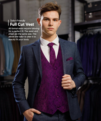 Vittorio Farina Men's Woven Paisley Vest, Necktie, Bow Tie and Pocket Square Set (Black Back) - Plum - Vest Set - Vittorio Farina