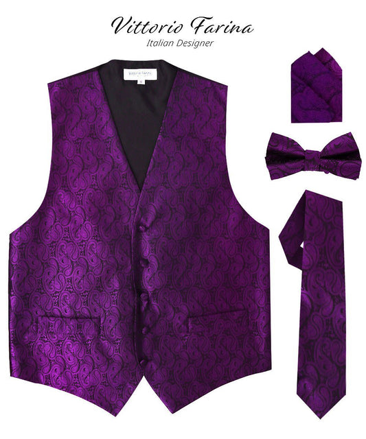 Vittorio Farina Men's Woven Paisley Vest, Necktie, Bow Tie and Pocket Square Set (Black Back) - Purple - Vest Set - Vittorio Farina