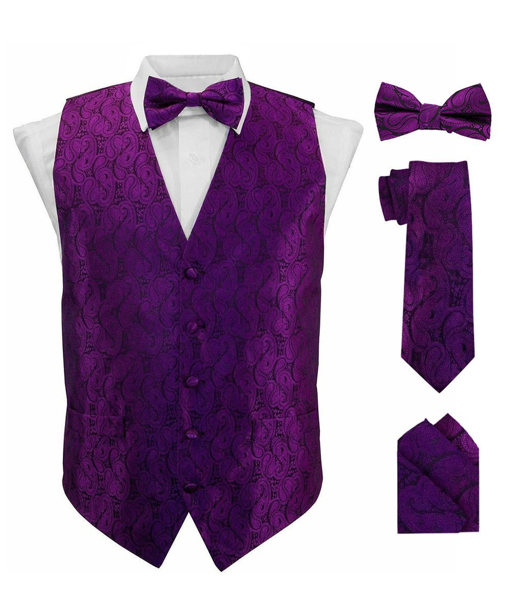 Vittorio Farina Men's Woven Paisley Vest, Necktie, Bow Tie and Pocket Square Set (Black Back) - Purple - Vest Set - Vittorio Farina