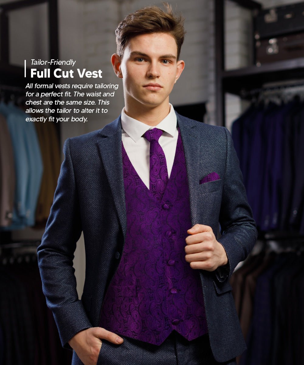 Vittorio Farina Men's Woven Paisley Vest, Necktie, Bow Tie and Pocket Square Set (Black Back) - Purple - Vest Set - Vittorio Farina