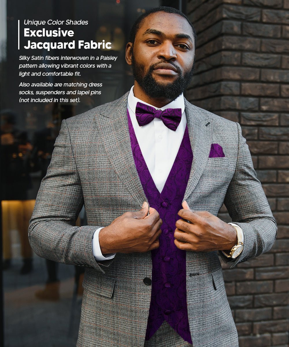 Vittorio Farina Men's Woven Paisley Vest, Necktie, Bow Tie and Pocket Square Set (Black Back) - Purple - Vest Set - Vittorio Farina