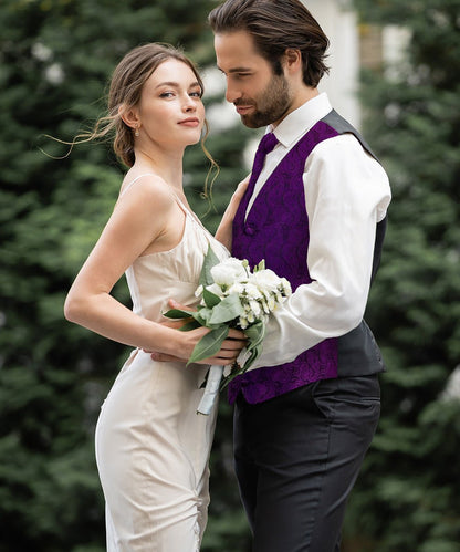Vittorio Farina Men's Woven Paisley Vest, Necktie, Bow Tie and Pocket Square Set (Black Back) - Purple - Vest Set - Vittorio Farina