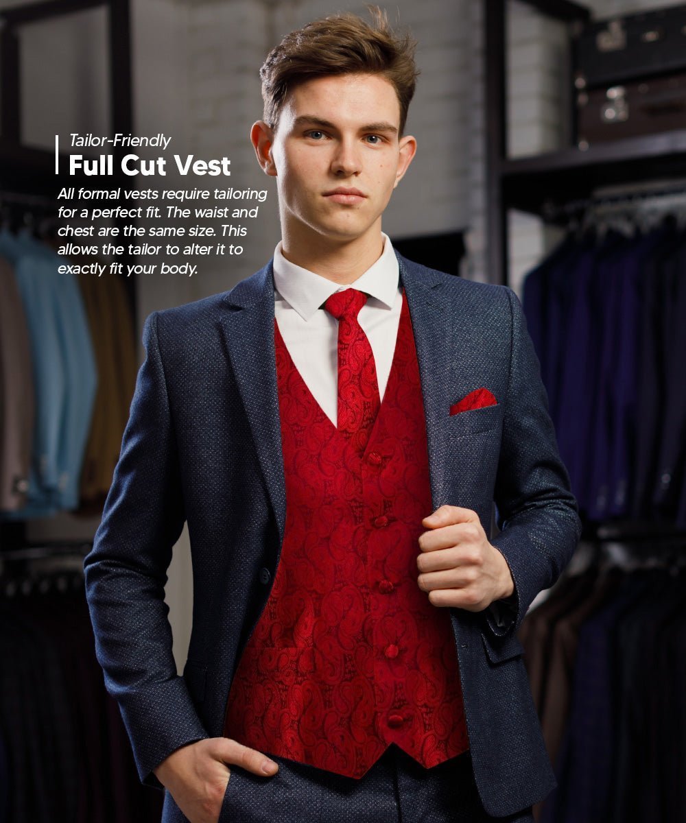Vittorio Farina Men's Woven Paisley Vest, Necktie, Bow Tie and Pocket Square Set (Black Back) - Red - Vest Set - Vittorio Farina