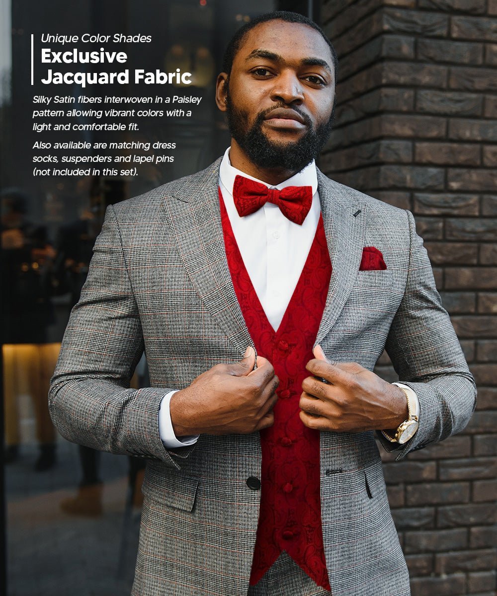 Vittorio Farina Men's Woven Paisley Vest, Necktie, Bow Tie and Pocket Square Set (Black Back) - Red - Vest Set - Vittorio Farina