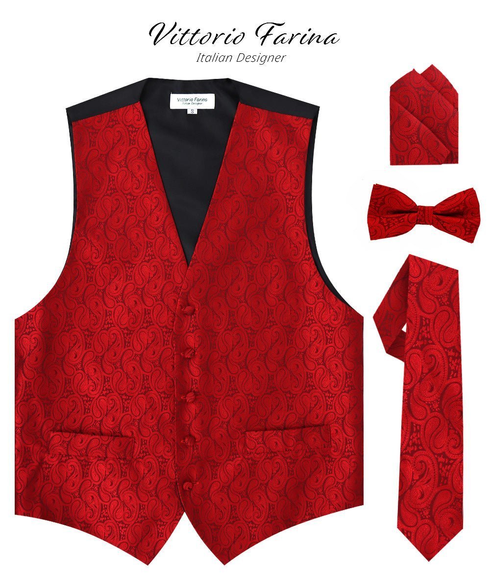 Vittorio Farina Men's Woven Paisley Vest, Necktie, Bow Tie and Pocket Square Set (Black Back) - Red - Vest Set - Vittorio Farina