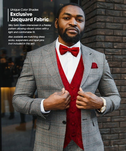Vittorio Farina Men's Woven Paisley Vest, Necktie, Bow Tie and Pocket Square Set (Black Back) - Red - Vest Set - Vittorio Farina