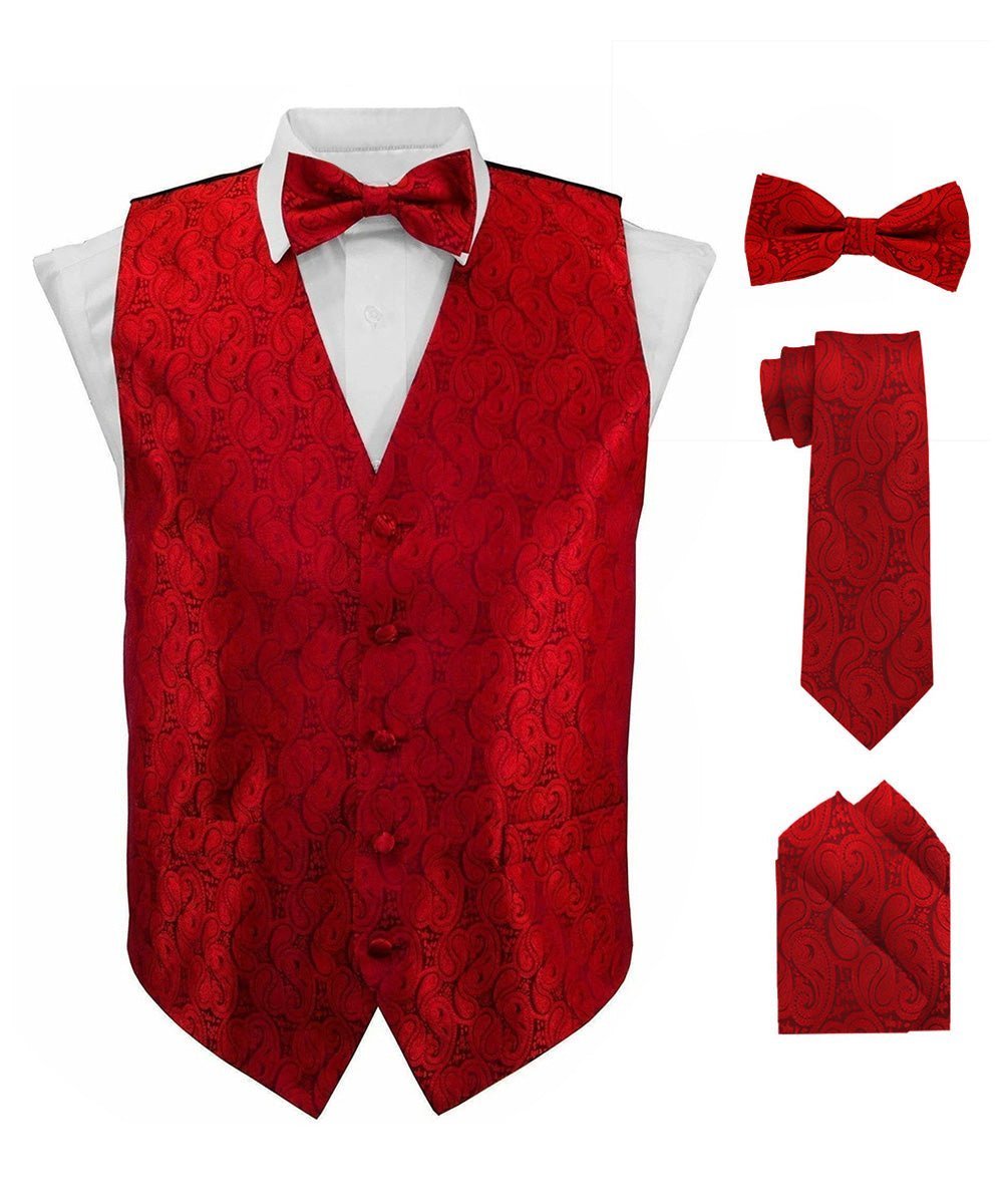 Vittorio Farina Men's Woven Paisley Vest, Necktie, Bow Tie and Pocket Square Set (Black Back) - Red - Vest Set - Vittorio Farina