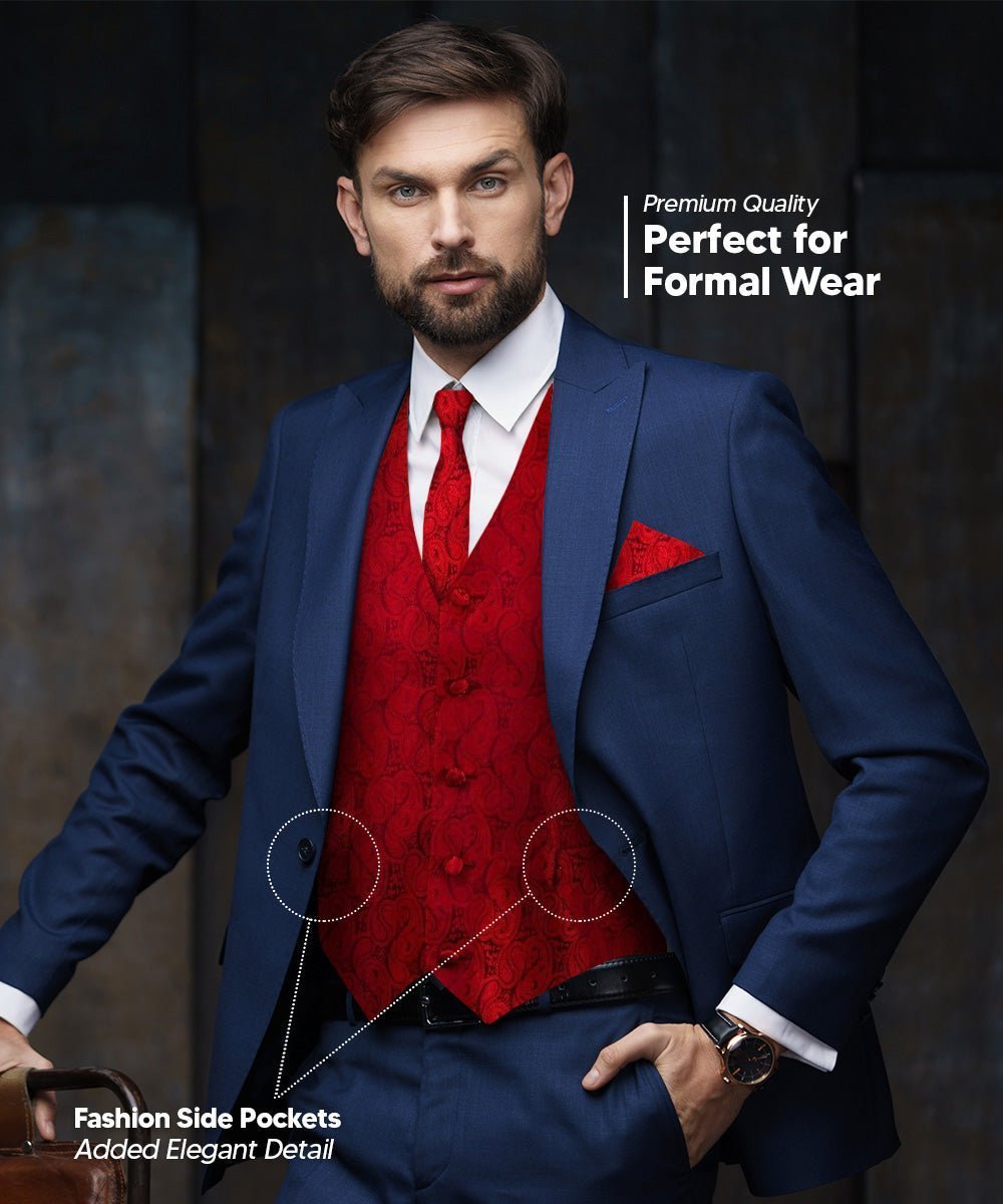 Vittorio Farina Men's Woven Paisley Vest, Necktie, Bow Tie and Pocket Square Set (Black Back) - Red - Vest Set - Vittorio Farina