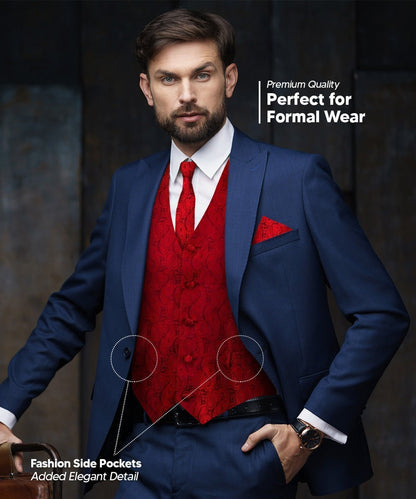 Vittorio Farina Men's Woven Paisley Vest, Necktie, Bow Tie and Pocket Square Set (Black Back) - Red - Vest Set - Vittorio Farina