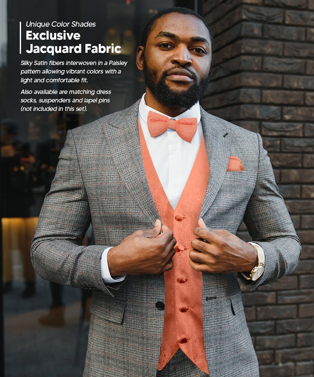 Vittorio Farina Men's Woven Paisley Vest, Necktie, Bow Tie and Pocket Square Set (Black Back) - Rose Gold - Vest Set - Vittorio Farina