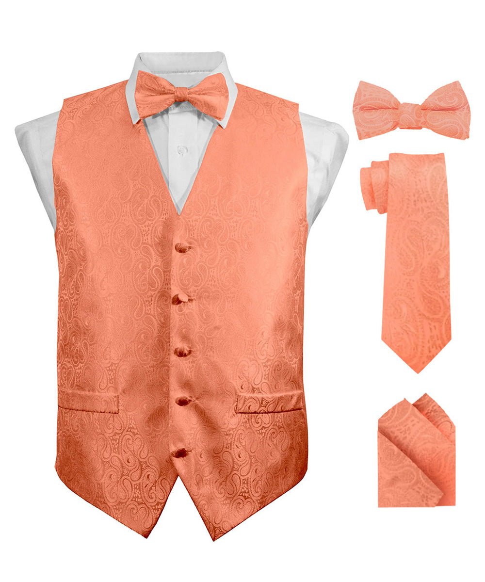 Vittorio Farina Men's Woven Paisley Vest, Necktie, Bow Tie and Pocket Square Set (Black Back) - Rose Gold - Vest Set - Vittorio Farina