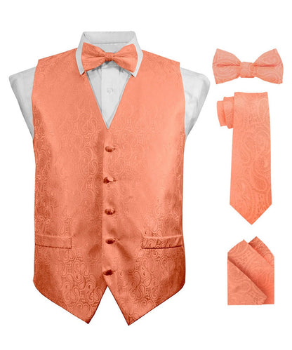 Vittorio Farina Men's Woven Paisley Vest, Necktie, Bow Tie and Pocket Square Set (Black Back) - Rose Gold - Vest Set - Vittorio Farina