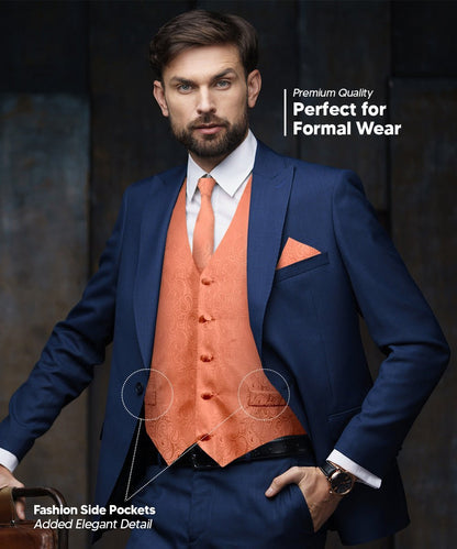 Vittorio Farina Men's Woven Paisley Vest, Necktie, Bow Tie and Pocket Square Set (Black Back) - Rose Gold - Vest Set - Vittorio Farina