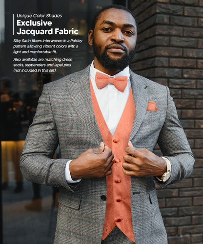 Vittorio Farina Men's Woven Paisley Vest, Necktie, Bow Tie and Pocket Square Set (Black Back) - Rose Gold - Vest Set - Vittorio Farina
