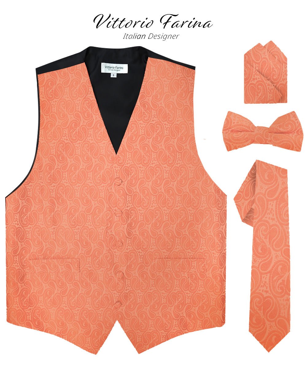 Vittorio Farina Men's Woven Paisley Vest, Necktie, Bow Tie and Pocket Square Set (Black Back) - Rose Gold - Vest Set - Vittorio Farina