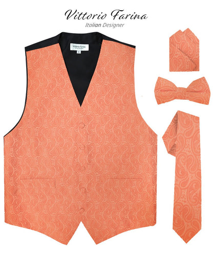 Vittorio Farina Men's Woven Paisley Vest, Necktie, Bow Tie and Pocket Square Set (Black Back) - Rose Gold - Vest Set - Vittorio Farina