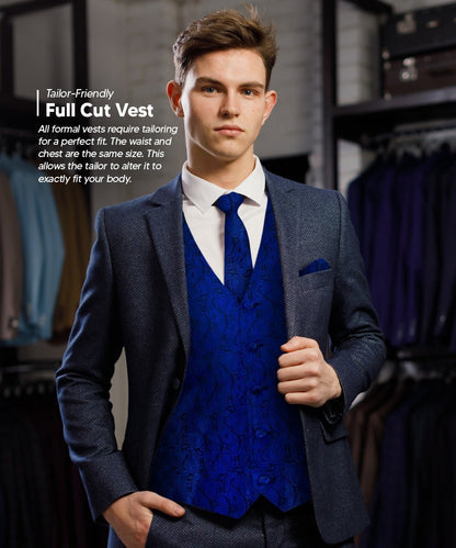 Vittorio Farina Men's Woven Paisley Vest, Necktie, Bow Tie and Pocket Square Set (Black Back) - Royal Blue - Vest Set - Vittorio Farina