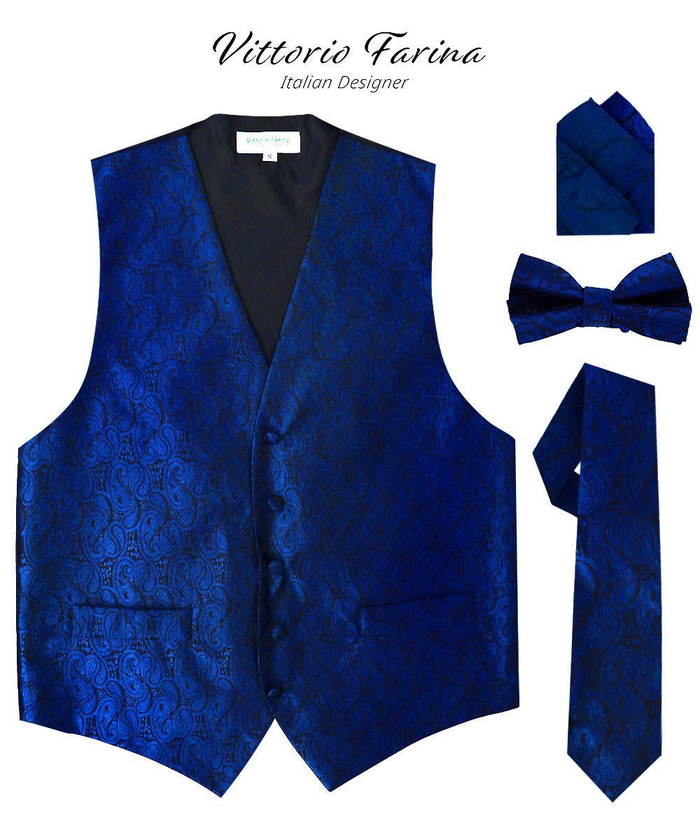 Vittorio Farina Men's Woven Paisley Vest, Necktie, Bow Tie and Pocket Square Set (Black Back) - Royal Blue - Vest Set - Vittorio Farina