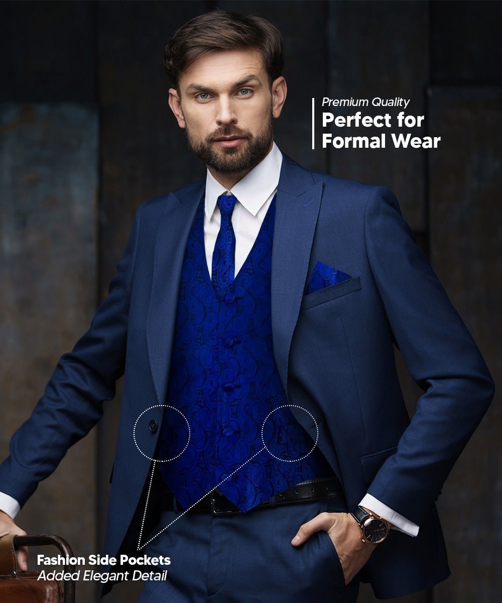 Vittorio Farina Men's Woven Paisley Vest, Necktie, Bow Tie and Pocket Square Set (Black Back) - Royal Blue - Vest Set - Vittorio Farina