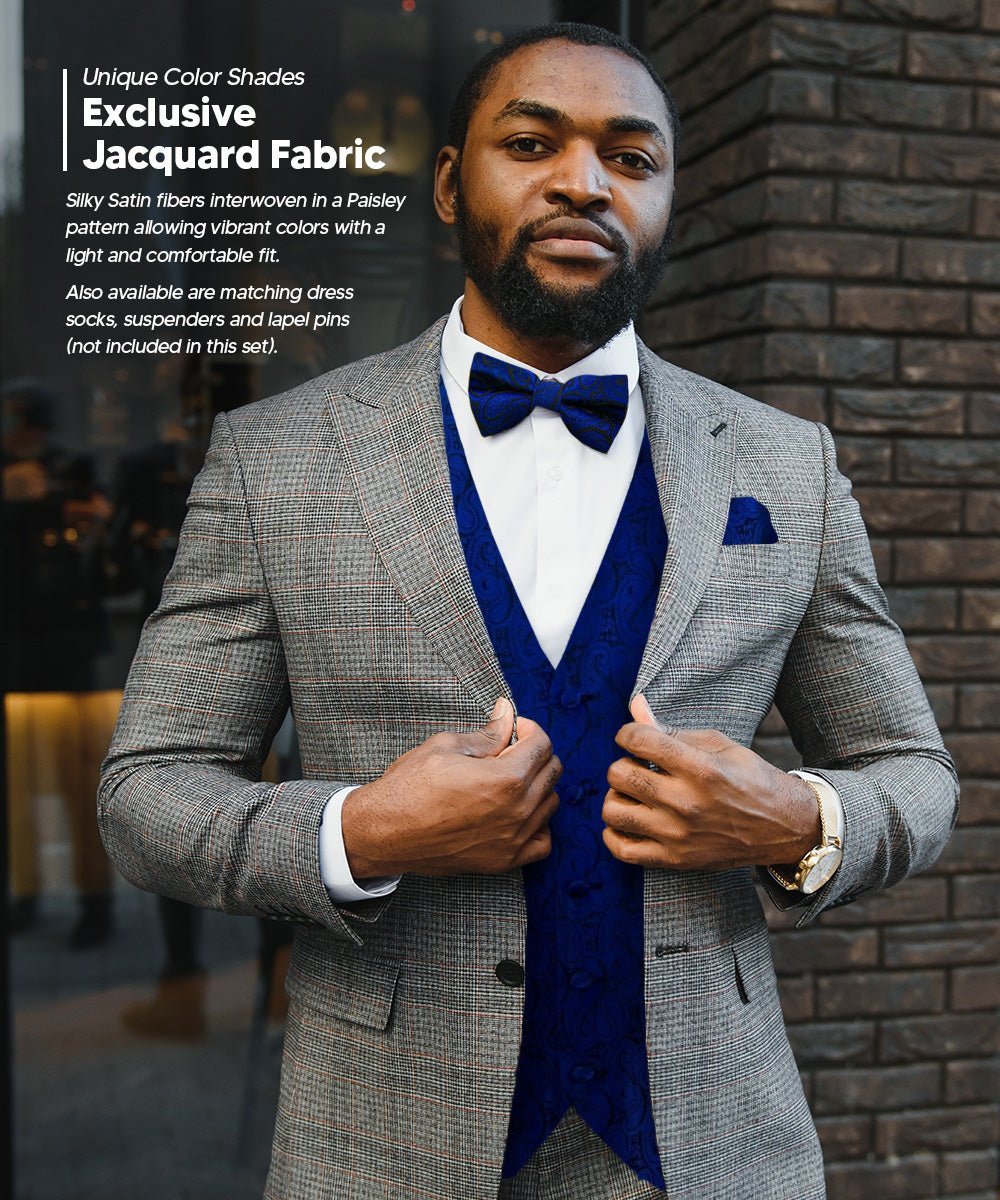 Vittorio Farina Men's Woven Paisley Vest, Necktie, Bow Tie and Pocket Square Set (Black Back) - Royal Blue - Vest Set - Vittorio Farina