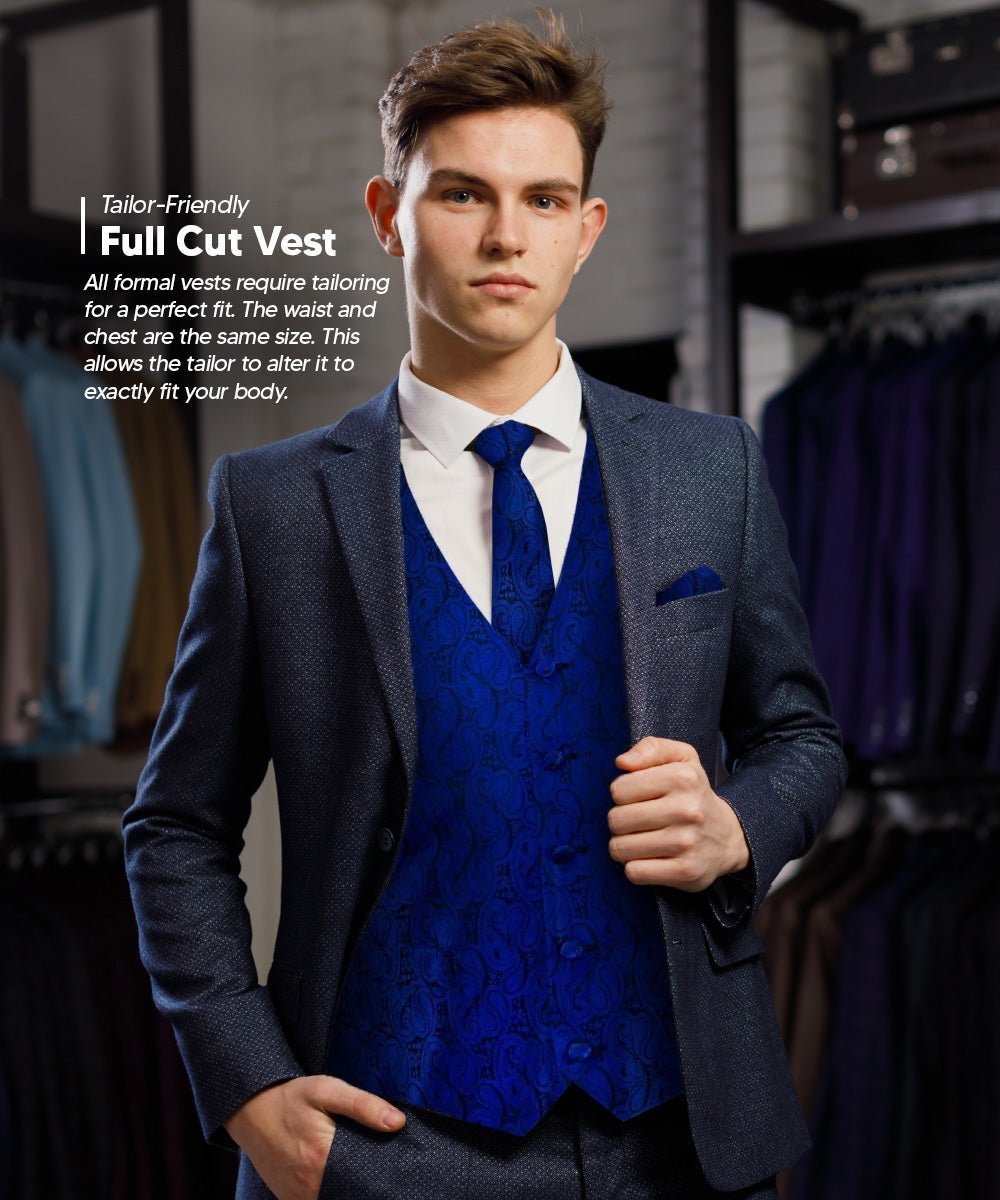 Vittorio Farina Men's Woven Paisley Vest, Necktie, Bow Tie and Pocket Square Set (Black Back) - Royal Blue - Vest Set - Vittorio Farina