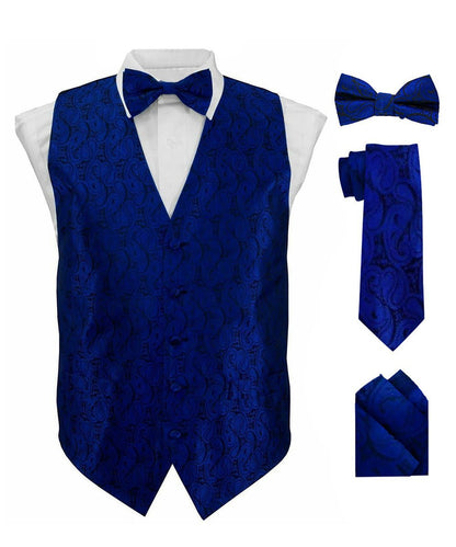 Vittorio Farina Men's Woven Paisley Vest, Necktie, Bow Tie and Pocket Square Set (Black Back) - Royal Blue - Vest Set - Vittorio Farina