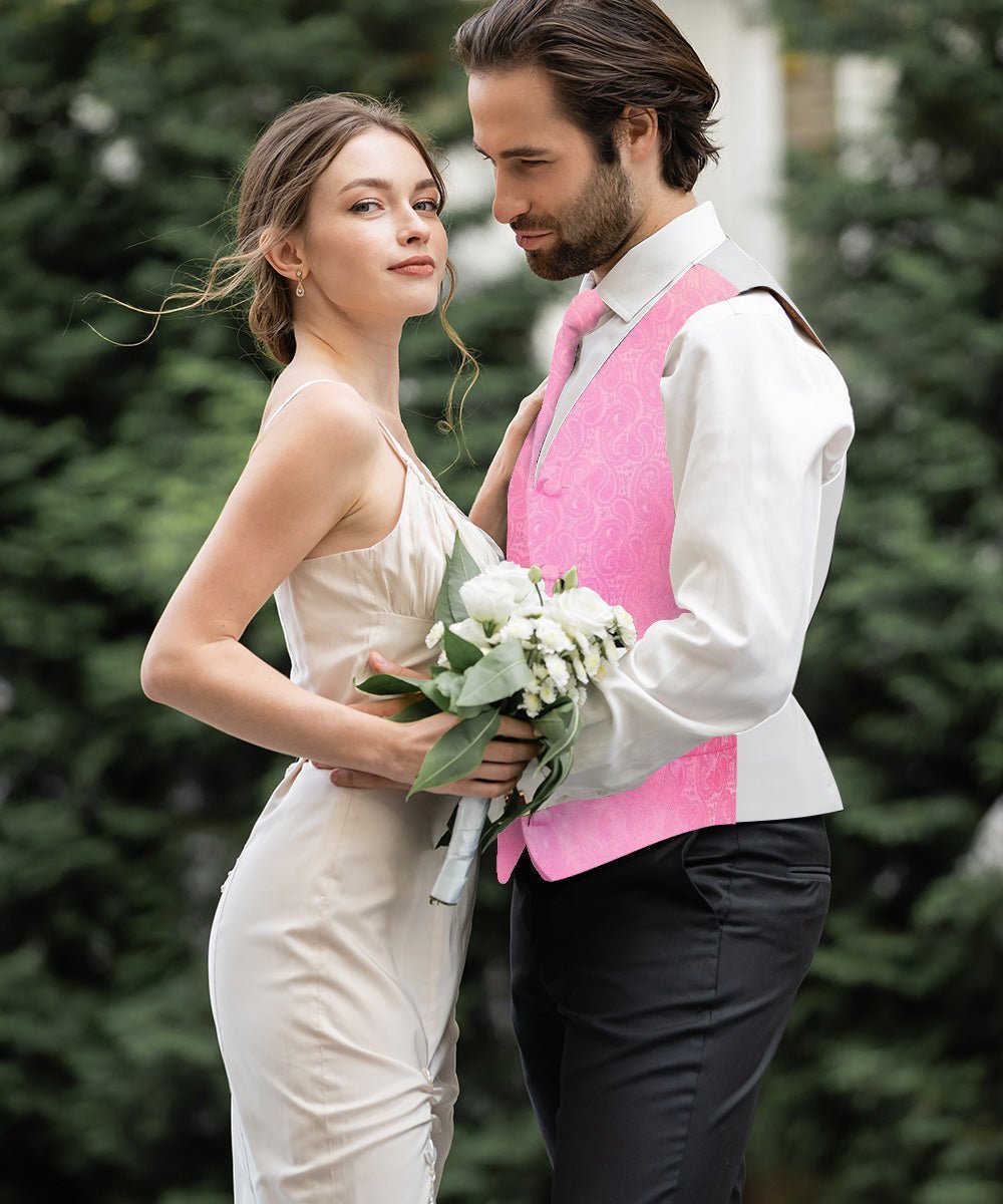 Vittorio Farina Men's Woven Paisley Vest, Necktie, Bow Tie and Pocket Square Set (White Back) - Pink - Vest Set - Vittorio Farina