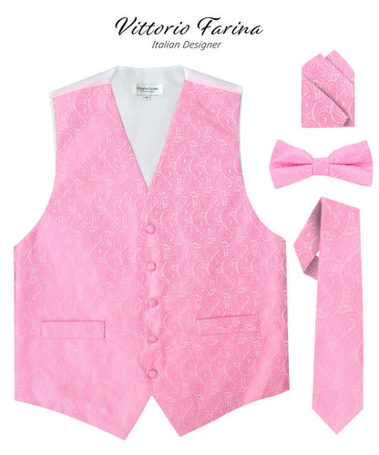 Vittorio Farina Men's Woven Paisley Vest, Necktie, Bow Tie and Pocket Square Set (White Back) - Pink - Vest Set - Vittorio Farina