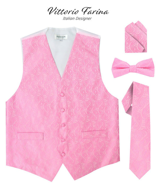 Vittorio Farina Men's Woven Paisley Vest, Necktie, Bow Tie and Pocket Square Set (White Back) - Pink - Vest Set - Vittorio Farina