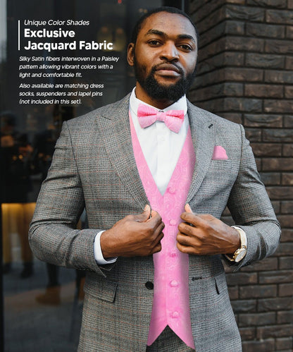 Vittorio Farina Men's Woven Paisley Vest, Necktie, Bow Tie and Pocket Square Set (White Back) - Pink - Vest Set - Vittorio Farina