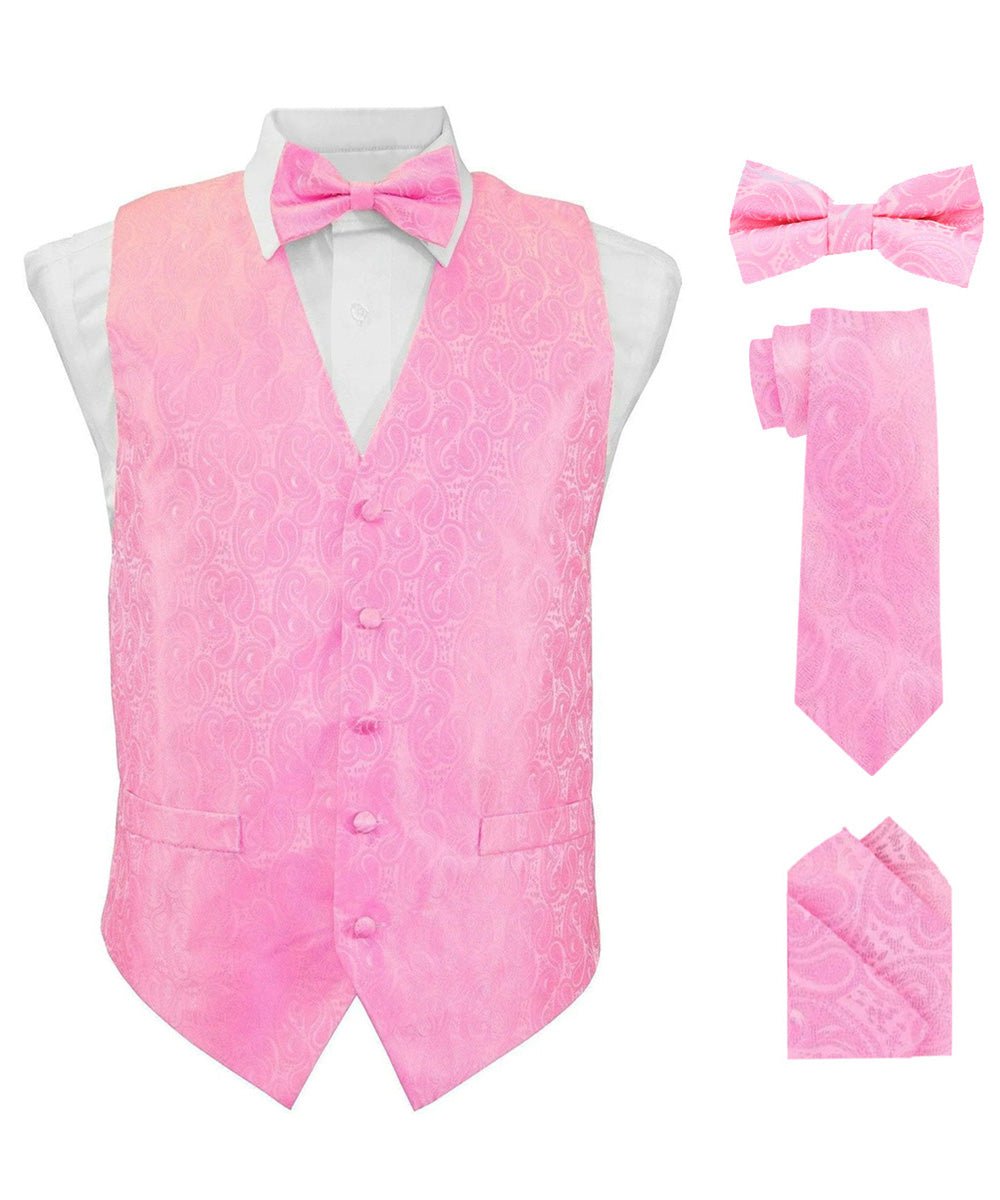 Vittorio Farina Men's Woven Paisley Vest, Necktie, Bow Tie and Pocket Square Set (White Back) - Pink - Vest Set - Vittorio Farina