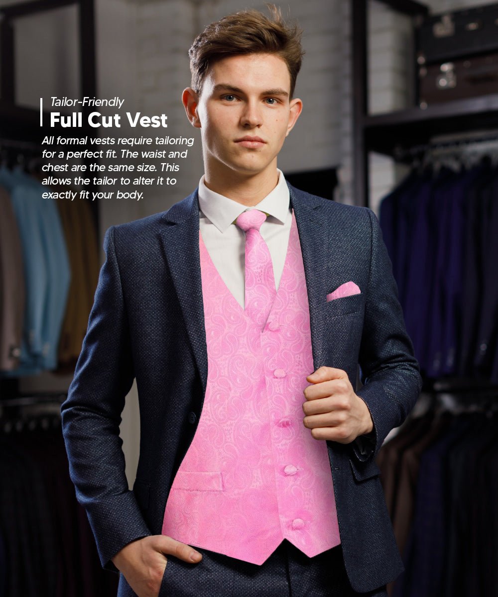 Vittorio Farina Men's Woven Paisley Vest, Necktie, Bow Tie and Pocket Square Set (White Back) - Pink - Vest Set - Vittorio Farina