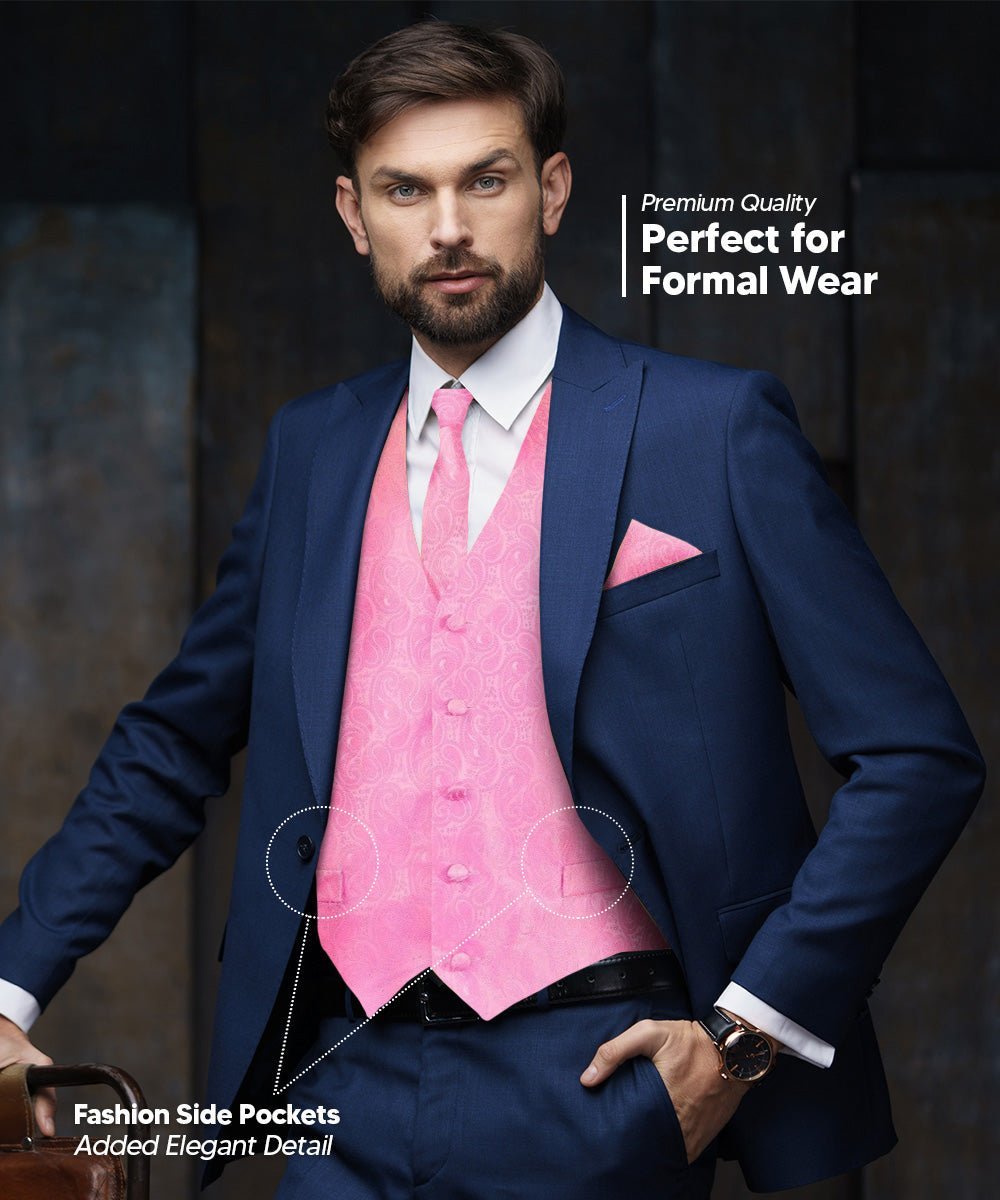 Vittorio Farina Men's Woven Paisley Vest, Necktie, Bow Tie and Pocket Square Set (White Back) - Pink - Vest Set - Vittorio Farina