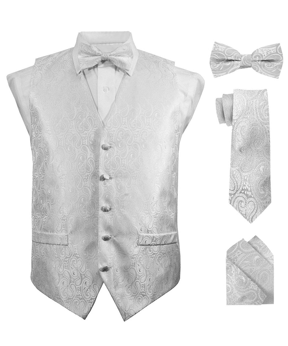Vittorio Farina Men's Woven Paisley Vest, Necktie, Bow Tie and Pocket Square Set (White Back) - Silver - Vest Set - Vittorio Farina