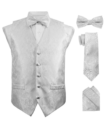 Vittorio Farina Men's Woven Paisley Vest, Necktie, Bow Tie and Pocket Square Set (White Back) - Silver - Vest Set - Vittorio Farina
