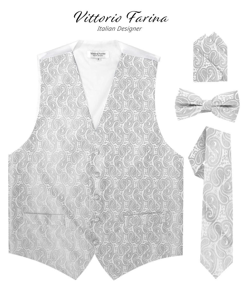 Vittorio Farina Men's Woven Paisley Vest, Necktie, Bow Tie and Pocket Square Set (White Back) - Silver - Vest Set - Vittorio Farina