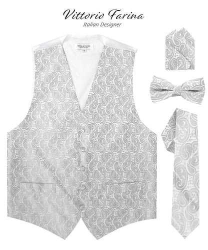 Vittorio Farina Men's Woven Paisley Vest, Necktie, Bow Tie and Pocket Square Set (White Back) - Silver - Vest Set - Vittorio Farina