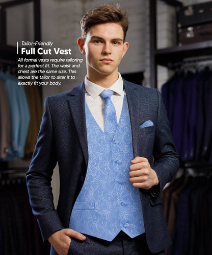 Vittorio Farina Men's Woven Paisley Vest, Necktie, Bow Tie and Pocket Square Set (White Back) - Sky Blue - Vest Set - Vittorio Farina