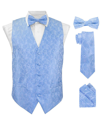 Vittorio Farina Men's Woven Paisley Vest, Necktie, Bow Tie and Pocket Square Set (White Back) - Sky Blue - Vest Set - Vittorio Farina
