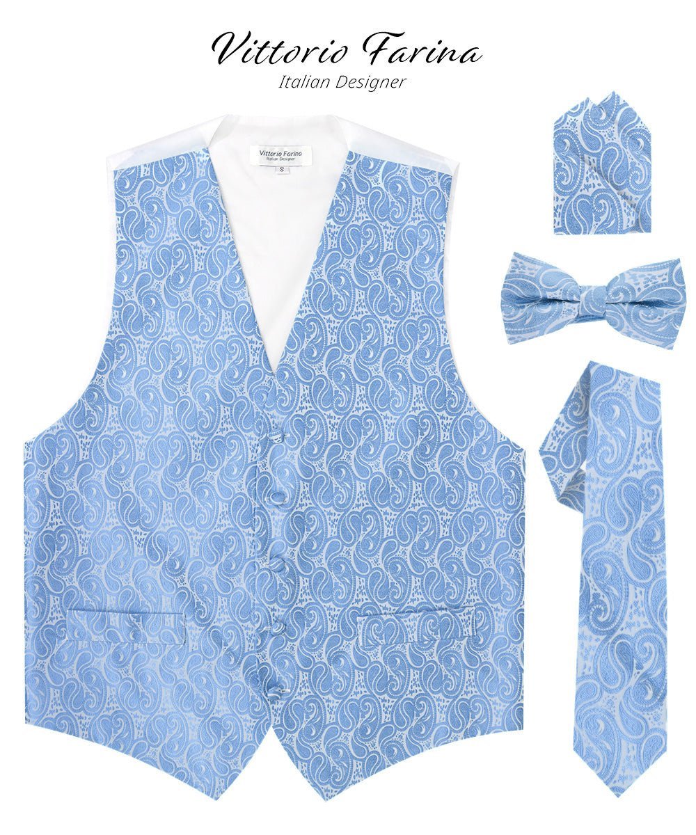 Vittorio Farina Men's Woven Paisley Vest, Necktie, Bow Tie and Pocket Square Set (White Back) - Sky Blue - Vest Set - Vittorio Farina