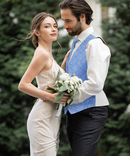Vittorio Farina Men's Woven Paisley Vest, Necktie, Bow Tie and Pocket Square Set (White Back) - Sky Blue - Vest Set - Vittorio Farina